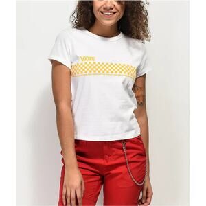 Vans Tee Shirt Womens S White/Yellow Baby Checkerboard Cotton Graphic Crew Neck